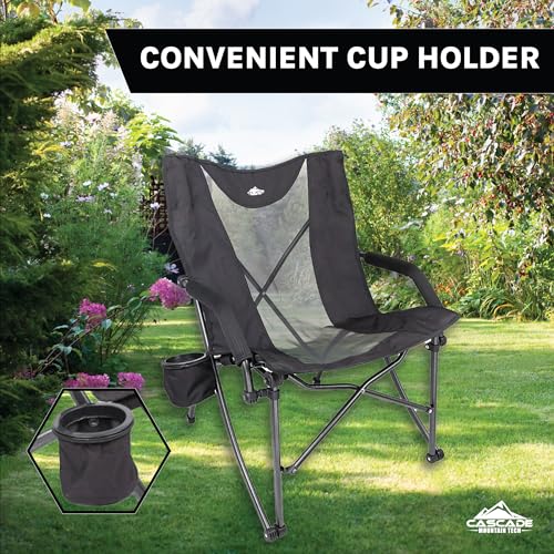 Cascade Mountain Tech Camping Chair - Low Profile Folding Chair for Camping, Beach, Picnic, Barbeques, Sporting Event with Carry Bag , Black