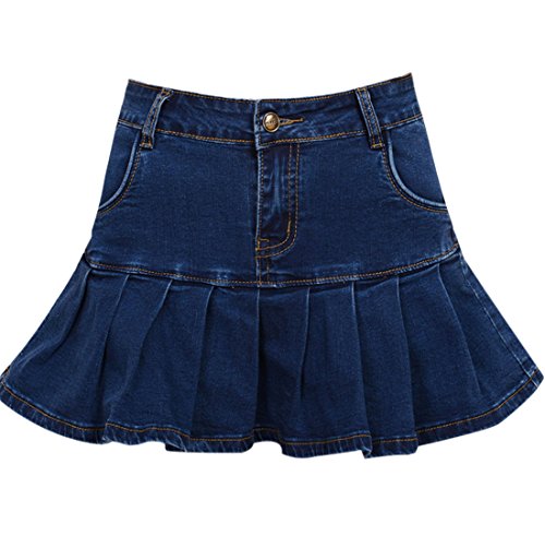 Yeokou Women's Casual Slim A-line Pleated Ruffle Short Mini Denim Skirts(Black-XS)