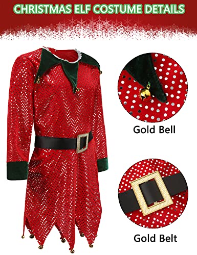 Oumbivil Kids Christmas Elf Costume Dress for Girls Sequins Santa Helper Costumes with Tinklebell Elf Hat Green Glasses Striped High Socks OU049L