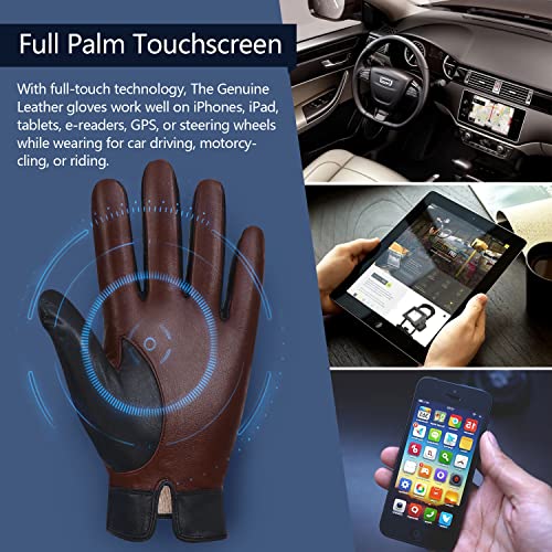 FIORETTO Men’s Chrome-Free Leather Gloves – Sheepskin Touchscreen Winter Driving Gloves with Cashmere Lining Brown Small