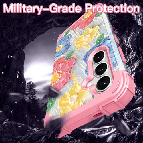 LONTECT for Galaxy S24 Plus 5G Case Shockproof 3 in 1 Heavy Duty Hybrid Rugged Full Body Protective Cute Oil Painting Flowers Cover Case for Samsung Galaxy S24+ Plus 5G 6.7 2024,Light Purple