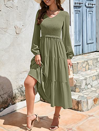 MEROKEETY Women's Long Ballon Sleeve V Neck Dress Smocked Casual Solid Ruffle Flowy Swing Dresses,Wine,M