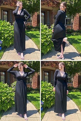 OUGES Womens Fall Long Sleeve V-Neck Wrap Waist Maxi Dress 2023(Orange,M)
