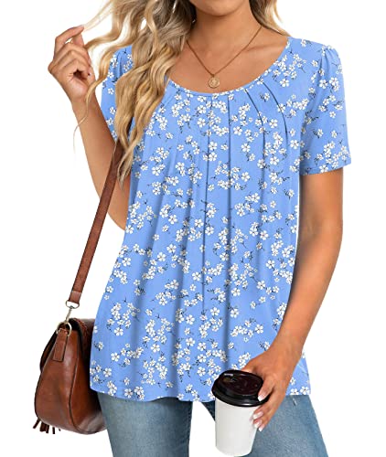 Anymeet Woman's Spring Tunic Tops Short Sleeve Casual Tee Shirt Pleated Hide Belly Blouse for Leggings Plus Size Navy Flowers 2X-Large