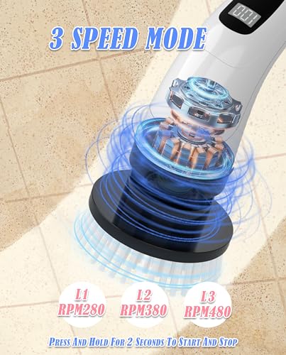 Wevenad Electric Spin Scrubber,Shower Scrubber IPX7 Waterproof with 8 Replaceable Brush Heads and Adjustable Removable Extension Handle,3 Adjustable Speeds,Suitable for Bathtub Tile Floor (White)
