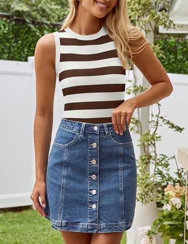 ZESICA Women's Summer Knit Striped Tank Tops 2024 Trendy Crewneck Sleeveless Shirts Brown S