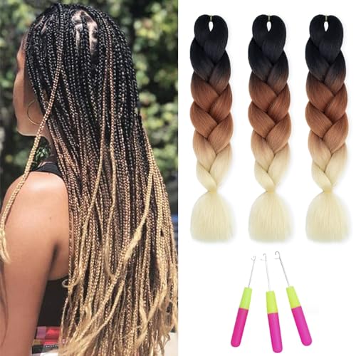 HMIEPRS 6 Pack Braiding Hair Extensions 24 Inch, Colored Pre Stretched High Temperature Synthetic Ombre Braids Hair Yaki Texture for Women Girls (Black-Brown-Beige)