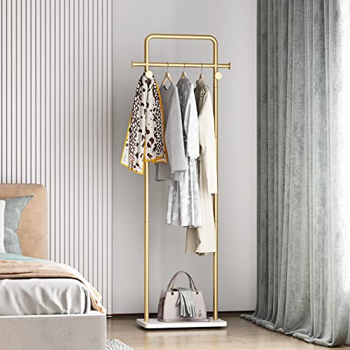 TIEOU Gold Clothing Racks with Shelf, Heavy Duty Gold Clothes Racks for Boutiques, Free-Standing Metal Garment Rack for Hanging Clothes, Modern Coat Rack Entryway