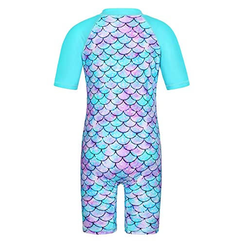 TFJH E 2-Piece Short Sleeve Girls Swimsuits Rashguash Bathing Suits UV 50+ Swimwear + Hairband Cyan Scale Short 2A