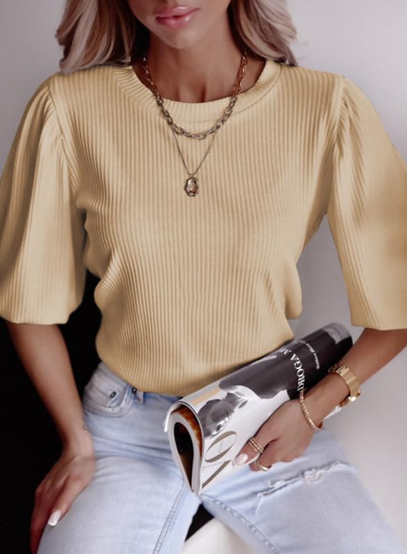 SHEWIN Womens Summer Tops 2025 Puff Sleeve Blouses Shirt Crewneck Top 2025 Trendy Oversized Tshirts for Women,(US 18-20) 2XL,Purple