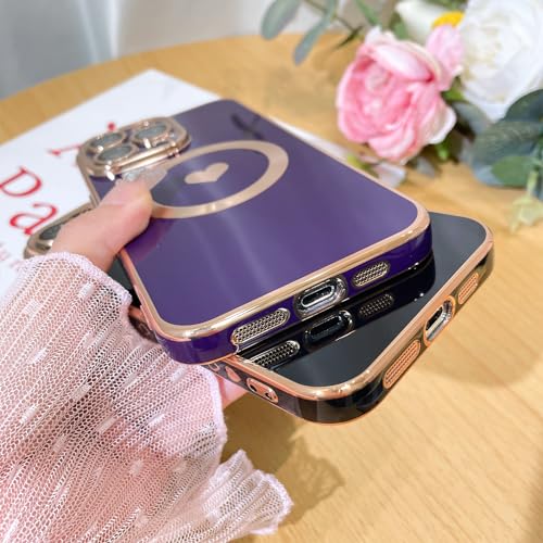 Bonoma Magnetic Case for iPhone 15 Pro Max Compatible with MagSafe, Cute Love Heart Luxury Plating Back Cover with Edge Elegant Aesthetic Hearts Pattern Phone Case-Black