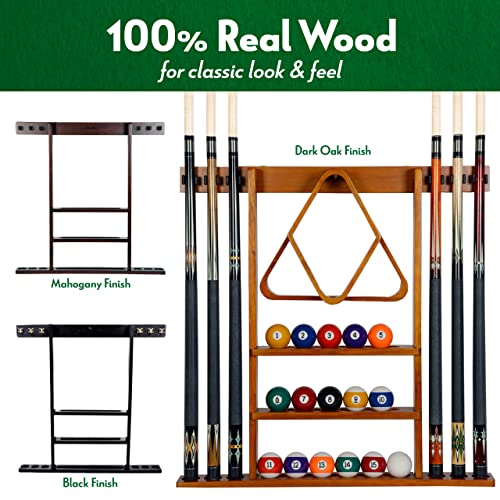 Iszy Billiards Pool Cue Rack - Billiard Pool Stick and Ball Holder Only - 100% Wood Wall Mount Holds 6 Cues and 16 Balls - Pool Table Accessories, Oak
