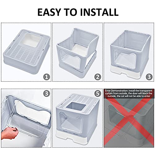Cat Litter Box with Lid, Top Entry Cat Litter Box Pan, Enclosed Cat Potty, Anti-Splashing Cat Toilet, Foldable Litter Box Large Covered Cat Supplies with Scoop Brush and Garbage Bag