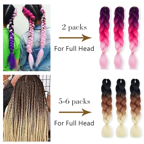 HMIEPRS 6 Pack Braiding Hair Extensions 24 Inch, Colored Pre Stretched High Temperature Synthetic Ombre Braids Hair Yaki Texture for Women Girls (Black-Brown-Beige)