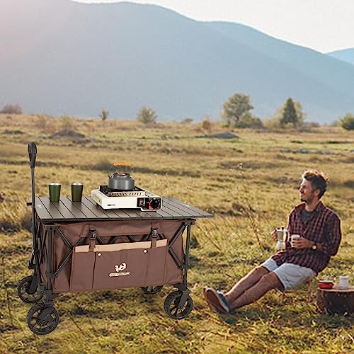 Whitsunday Folding Collapsible Wagon,Camping Large Capacity Heavy Duty Wagon Outdoor Park Beach Wagon Cart with Table Top,Utility Grocery Wagon for Camping Sports Outdoor Shopping Brown