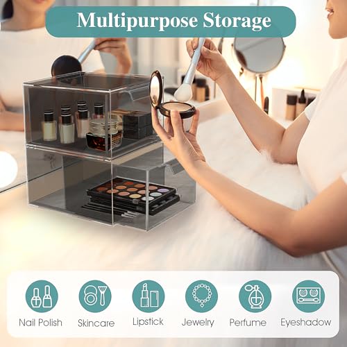 SpaceHacks Stackable Makeup Organizer and Storage, Acrylic Organizers,Clear Plastic Storage Drawer with Pull-Out Handles for Vanity, Undersink, Kitchen Cabinets, Pantry, Black