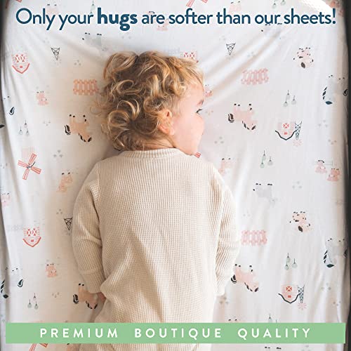 Pack and Play Sheets Fitted – Compatible with 4moms Breeze Plus Playard and Other Large Playpen Mattress – Snuggly Soft 100% Jersey Cotton – Farm Animals – 2 Pack