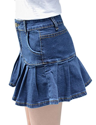 Yeokou Women's Casual Slim A-line Pleated Ruffle Short Mini Denim Skirts(Black-XS)