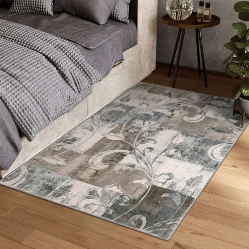 Lahome Modern Geometric Area Rug Washable, 4x6 Area Rug for Bedroom Farmhouse Patchwork Floor Carpet for Living Room Kitchen, Low Profile Office Throw Rug Non Slip for Entryway, Beige