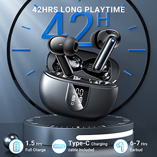 Wireless Earbuds, 2024 Wireless Headphones HiFi Stereo Earphones with 4 ENC Noise Canceling Mic, 42Hs Playtime In Ear Earbud, Bluetooth 5.3 Sport Earphones with LED Power Display for Android iOS Black