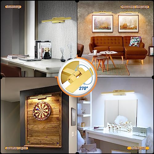 VOLISUN Picture Light Battery Operated with Remote, 3CCT Dimmable Picture Light for Paintings, USB-C Rechargeable, 15.7in Battery Operated Wall Sconce for Art Painting Gallery Bedroom Computer(Gold)