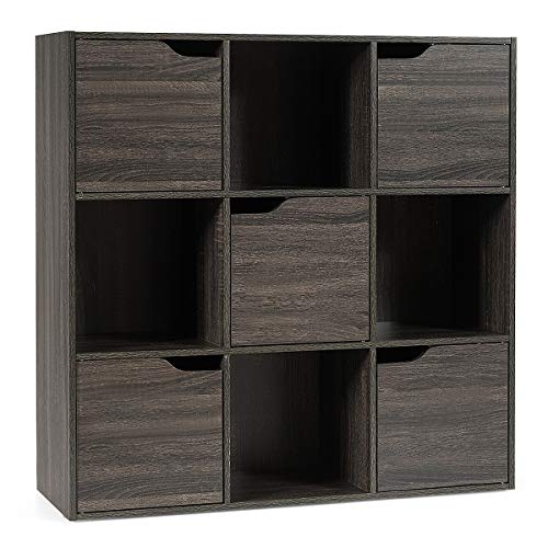 Giantex 9-Cube Storage Organizer, Storage Cabinet with 4 Open Cubes and 5 Cabinets, Freestanding Wooden Cubby Bookcase, Compartment Units for Home Office, 3-Tier Bookshelf for Books