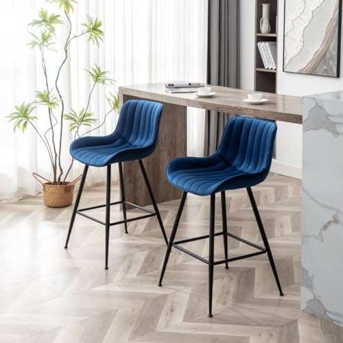 Whiterye Bar Stools Set of 2 - Luxury Bar Stools Counter Height Bar Stools 24 Inch Seat Height Upholstered Velvet Barstools Blue Bar Stools for Kitchen Island, Home Bar, Bar Pub (Blue).