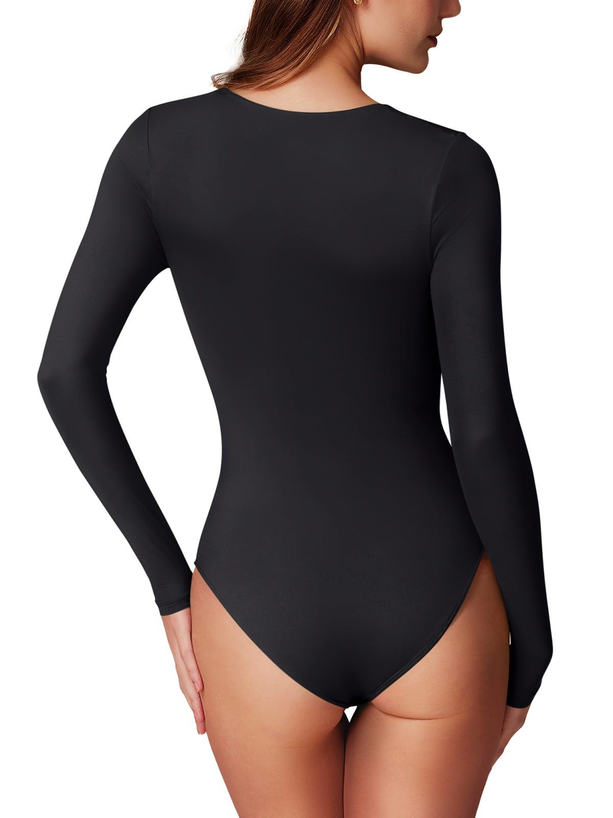 Womens Sexy Square Neck Double Lined Seamless Fitted Shirts Stretchy Long Sleeve Bodysuit Tops Black Large