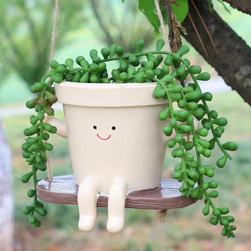 CEOJPA Swing Smiley Face Hanging Planter Pot for Indoor Outdoor Plants, Cute Swinging Plant Pot, Hanging Flower Pots, Face Planter Pot Head, Resin Succulent Planter (S-Plant Pot-Straight)