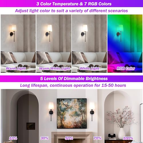 Battery Operated Wall Sconce Light with Remote Control, Dimmable Set of 2 White Fabric Shade, Indoor Wireless Lamp For Bedroom Living Room, Bulb Included (