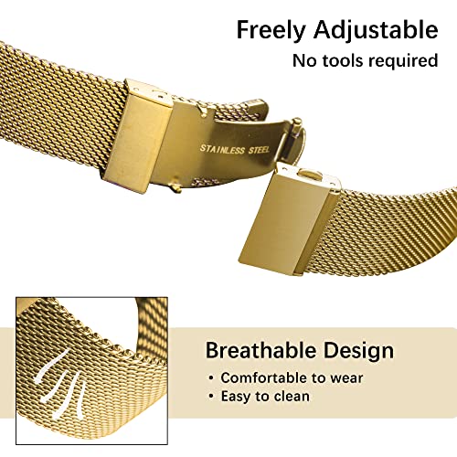 EACHE Stainless Steel Mesh Watch Band for Women, Quick Release Mesh Watch Straps for Ladies 12mm Gold
