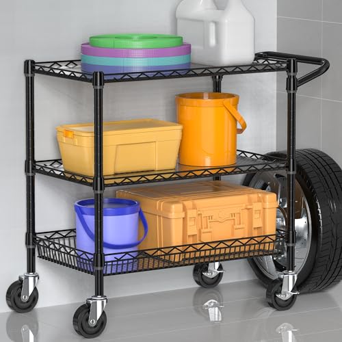 Folews Heavy Duty Rolling Cart with Wheels, 3 Tier Commercial Grade Utility Cart Metal Kitchen Storage Trolley Wire Cart Food Storage Cart Service Cart with Handle Bar & Shelf Liner, Black