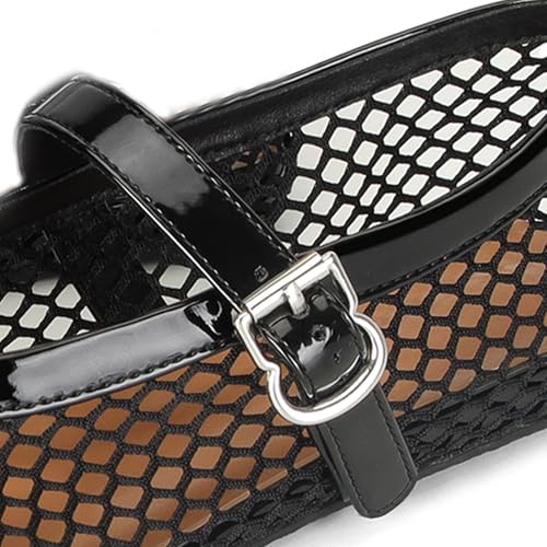 DOEYG Mesh Ballet Flats for Women Round Toe Mesh Flats Ballet Shoes Buckle Strap Mesh Mary Jane Flats Comfy Casual Office Summer Fishnet Ballerina Flats Shoes Gold