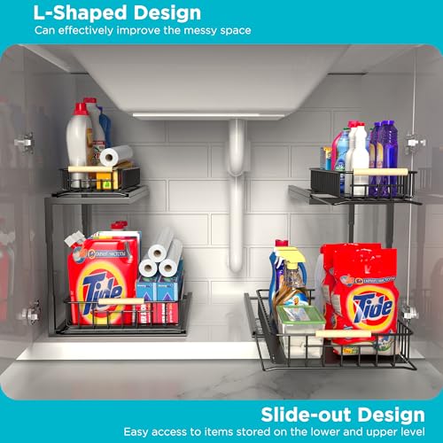 UBTKEY Under Sink Organizer, Pull-Out Cabinet Organizer 2 Tier Slide Out Sink Cabinet Storage Shelves, Under Sink Cabinet Organizer Storage for Kitchen Bathroom, Black