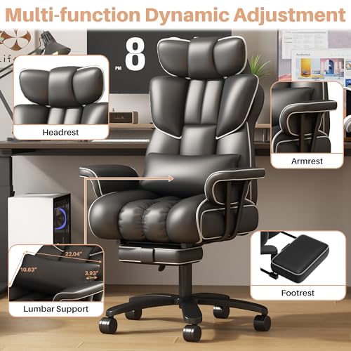 GXJ Big and Tall Office Chair 400lbs Wide Seat, Comfy Reclining Office Chair with Footrest, High Back Executive Office Chair with Removable Lumbar Support, Home Office Computer Desk Chair