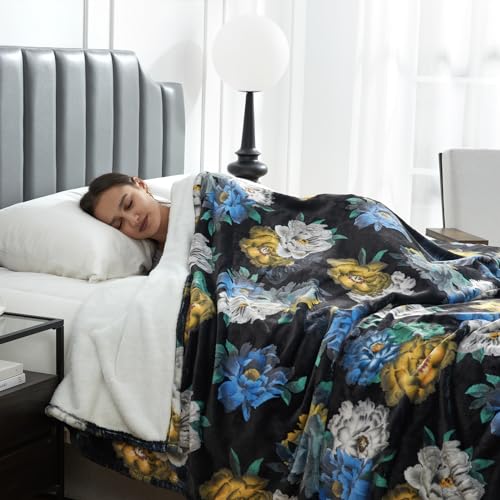 Cozy Bliss Midnight Bloom Bed Blanket Queen Size Bed Luxury Printed Single Layer Plush - Offside Pure White, Most Giftable for Your Famliy and Friends 90"x90"