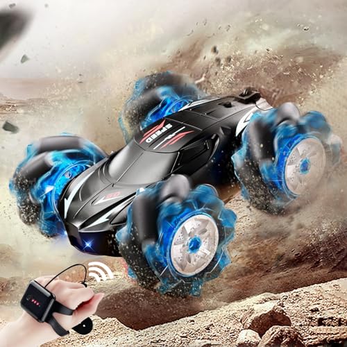 Jovow RC Stunt Car, 2.4GHz 4WD Gesture Sensing Remote Control Car with Cool Light and Music, Double-Sided 360° Flips RC Cars for Boys Age 6-12 8-12 Birthday Christmas Toy Cars(Blue)