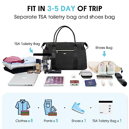 WANDF For Spirit Airlines Personal Item Bag 18x14x8 Travel Duffel Bag with TSA Approved Quart Size Bag & Shoes Bag Weekender Overnight Bag Carry-on Luggage for Women (Black)