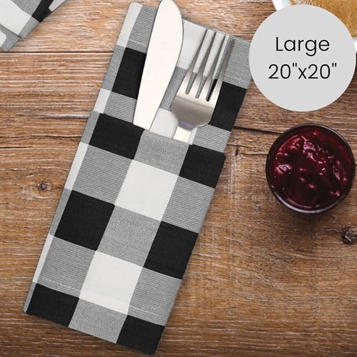 Cotton Clinic Cloth Napkins 100% Cotton Large 20x20 Inch Set of 4 Gingham Check - Soft Durable Reusable Table Napkin for Dining Weddings Parties Holidays Easter and Everyday Use Dinner Napkins Black