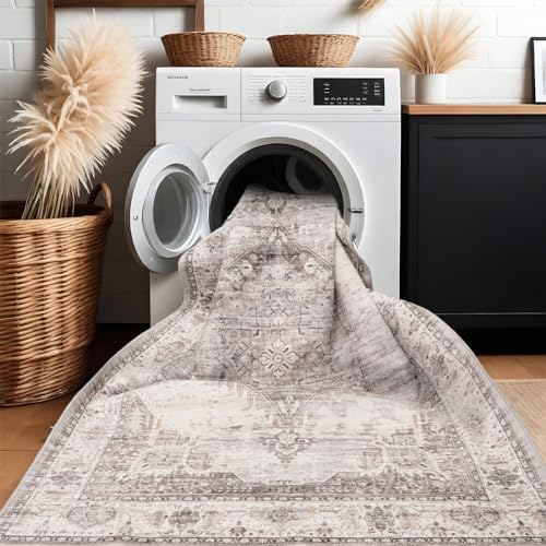 Washable Area Rugs 3x5 Entryway: Soft Ultra Thin Low Pile Mat Machine Washable Indoor Doormat Lightweight Entry Rug Anti Slip Backing Rugs for Living Room Bedroom Kitchen 3'x5' Beige