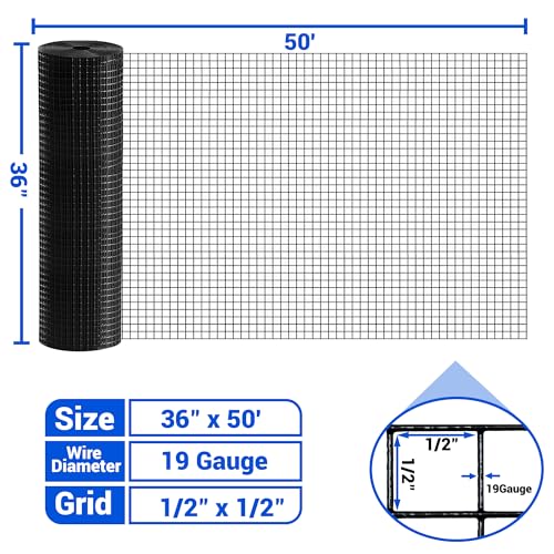 Black Hardware Cloth 1 inch 48inch(H) x 50ft(L), 16 Gauge Wire Mesh Roll for Chicken Wire Fencing Metal Garden Fence Powder Coated Galvanized Welded Fence Rabbit Poultry Cage Home Improvement Projects