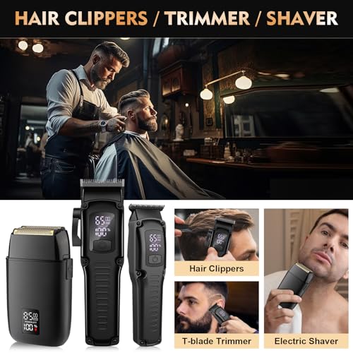 QREEYX Professional Hair Clipper for Men, 3 in 1 Hair Clipper Beard Trimmer and Electric Foil Shaver Set with LED Display, Cordless Grooming Kit for Home, Travel, Barber, Ideal Gift for Him