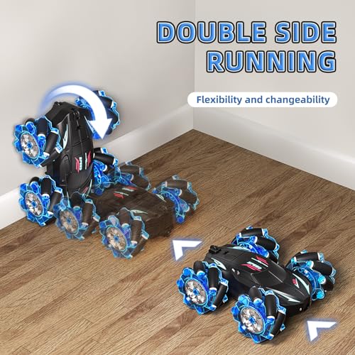 Jovow RC Stunt Car, 2.4GHz 4WD Gesture Sensing Remote Control Car with Cool Light and Music, Double-Sided 360° Flips RC Cars for Boys Age 6-12 8-12 Birthday Christmas Toy Cars(Blue)