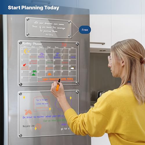 Acrylic Magnetic Calendar for Fridge and Wall, 16”x12” Monthly and Weekly Dry Erase Board with 8 Markers and Free Accessories (2 Pack)