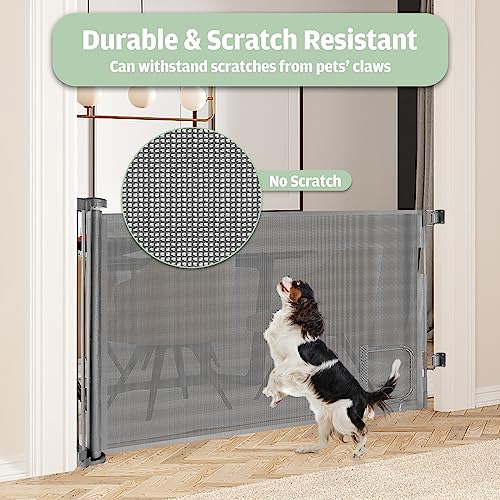 Retractable Baby Gate with Pet Door (55” Wide x 35” Tall) Retractable Dog Gate with Cat Door Indoor Outdoor Mesh Pet Gate for Cats/Puppy/Doggy/Toddler, Cat Safety Gate for Stairs and Doorways(Grey)
