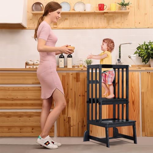 DORPU Toddler Tower, Adjustable Height Kids Kitchen Step Stool with CPC Certification, Unique Patents with Safety Rail & Anti-tip & Non-Slip Mat & Vertical Guardrail Toddler Kitchen Stool๏ผBlack๏ผ