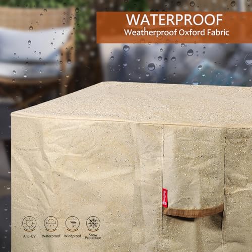 SheeChung Fire Pit Cover Square 28" L x 28" W x 25" H,Waterproof 600D Heavy Duty Outdoor Fire Pit Table Cover, Fits 24-28 Inch Square Fireplace,Gas Fire Pit Cover,Beige
