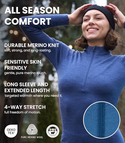 Merino Wool Base Layer Women - 100% Merino Half Zip Sweater Women Lite, Midweight, Heavyweight Thermal Shirts and Socks (Large, 250 Cherry Red)