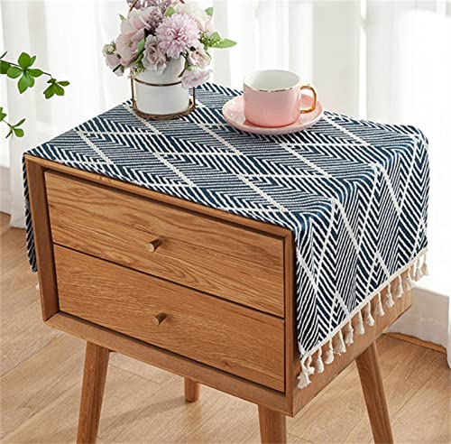 Utobanh Simple Bedside Table Tassel Cover Cloth, Tablecloth Cover Towel, Suitable for Bedside Table TV Microwave Washing Machine Refrigerator Dust Cover (White Bars, 15.7 * 35.4 inches)