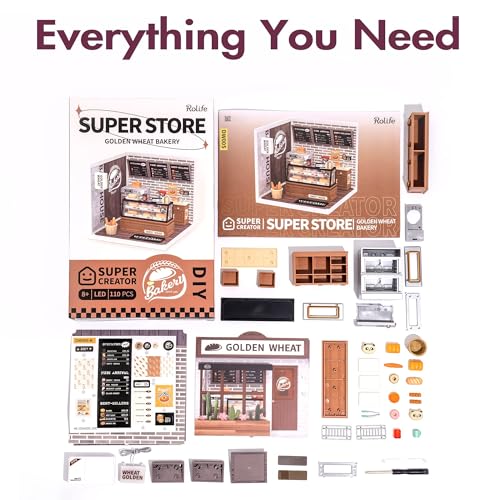 Rolife LED Building Blocks for Adults,1:24 Toy Building Sets,Model Building Kits for Kids Ages 8-12-15,DIY Miniature Dollhouse Kits for Adults,Hobbies for Women Men (1.Golden Wheat Bakery)